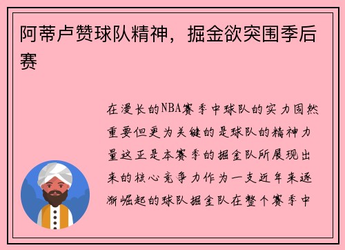 阿蒂卢赞球队精神，掘金欲突围季后赛