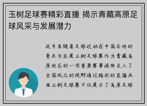 玉树足球赛精彩直播 揭示青藏高原足球风采与发展潜力